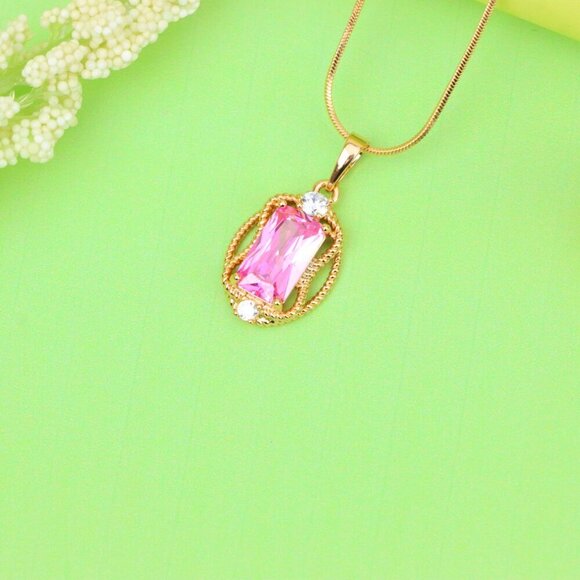 "Pink Rectangle Pendant with Gold Plated Brass and Crystal Accents, XPPT1681 - Picture 11 of 13